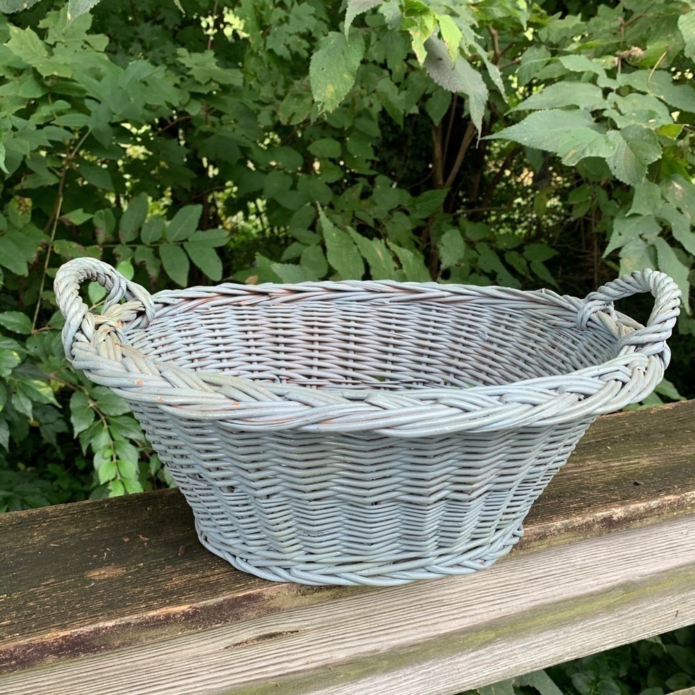 Vintage Painted Gray Handled Woven Basket Fruit